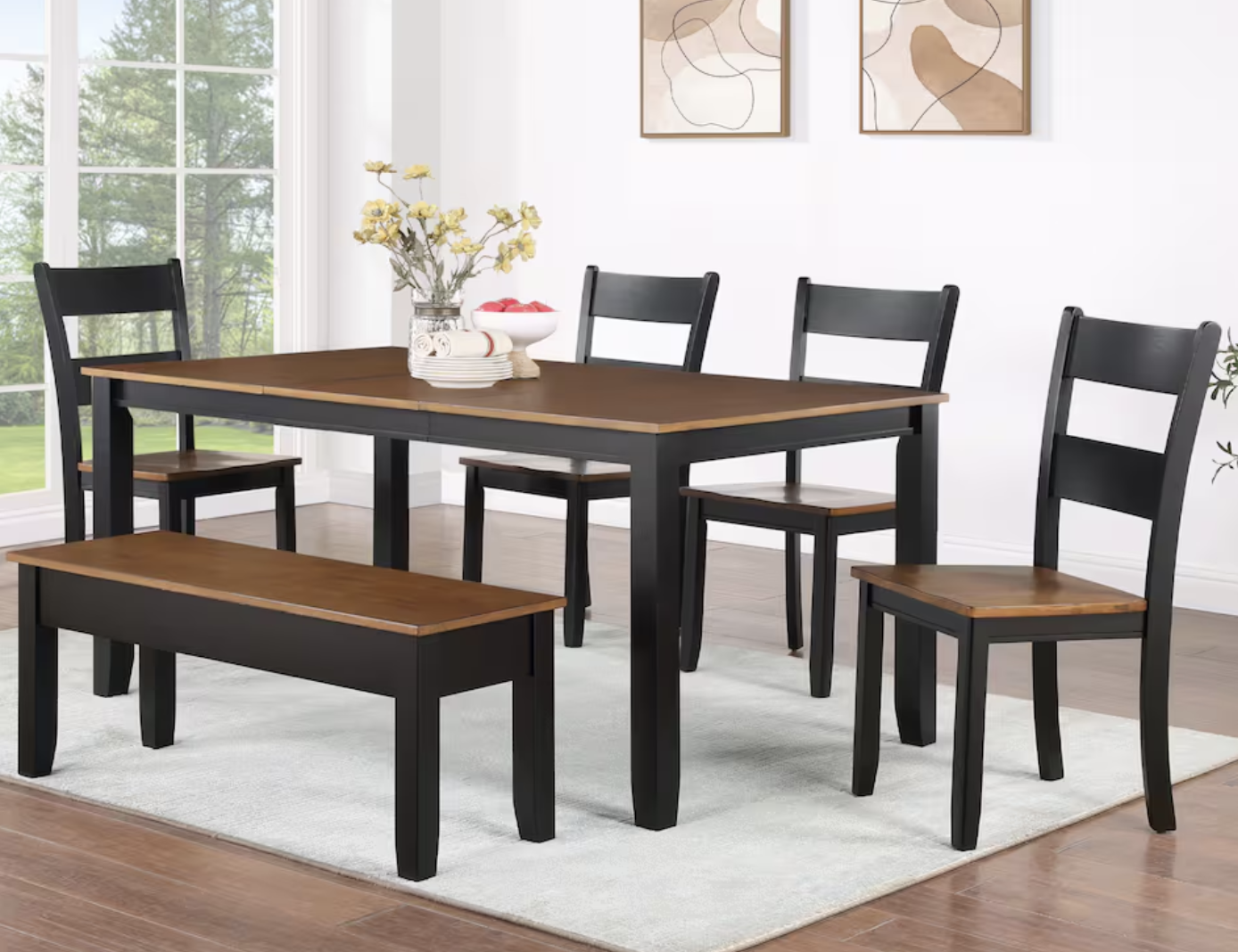 dining table, black trim, brown top, 4 chairs, and a bench