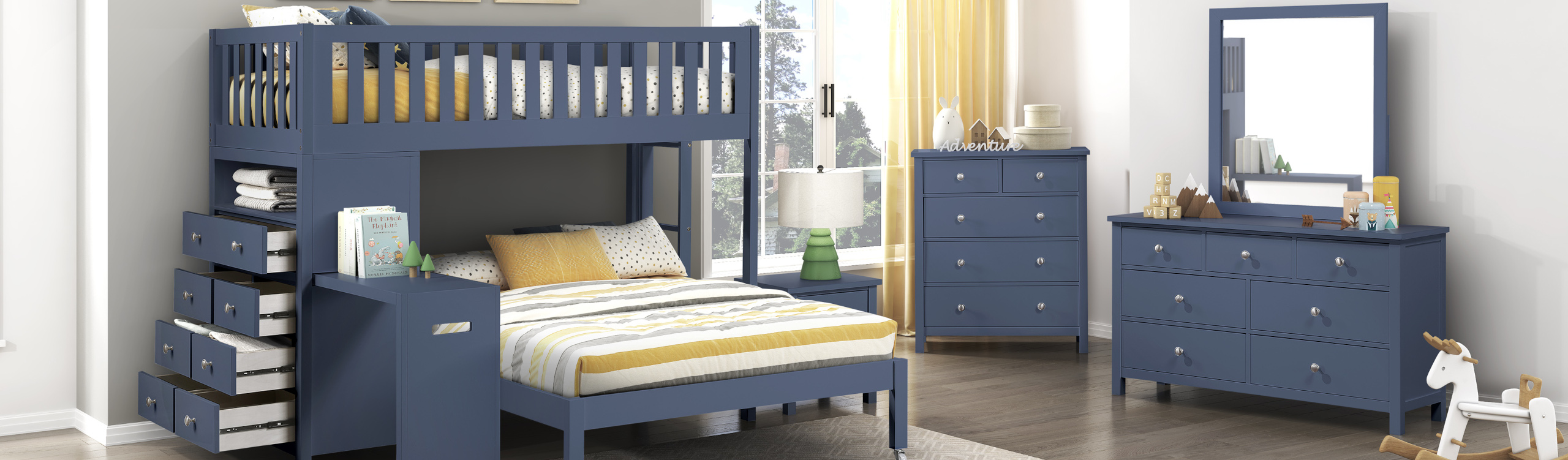 kids bedroom furniture set with twin over full storage bunk bed, dresser and chest